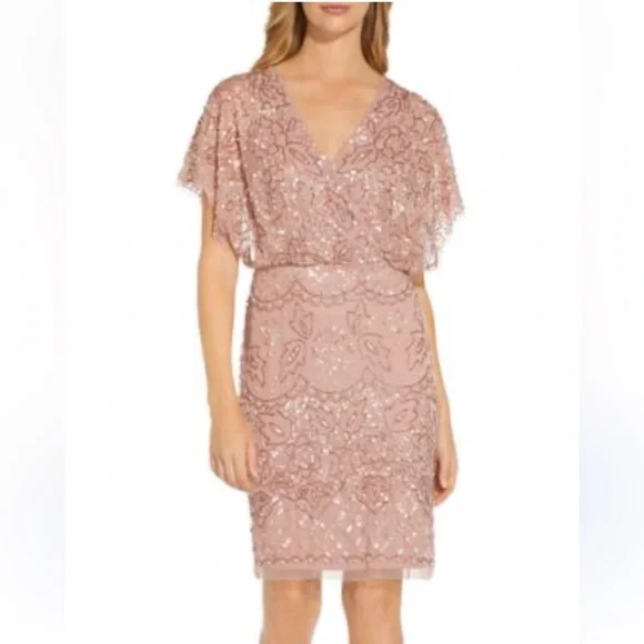 Adrianna Papell Candied Ginger Beaded Mesh Blouson Dress NWT - Picture 7 of 16